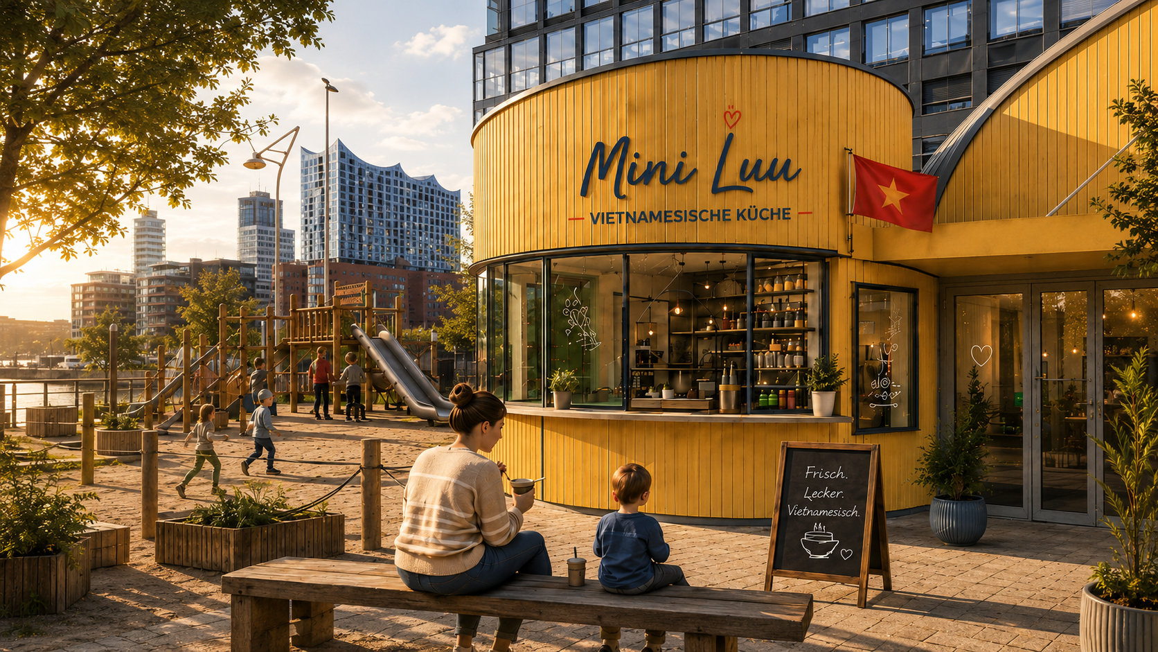 Mini Luu Kiosk am Spielplatz Grasbrookpark mit Familie und vietnamesischem Branding